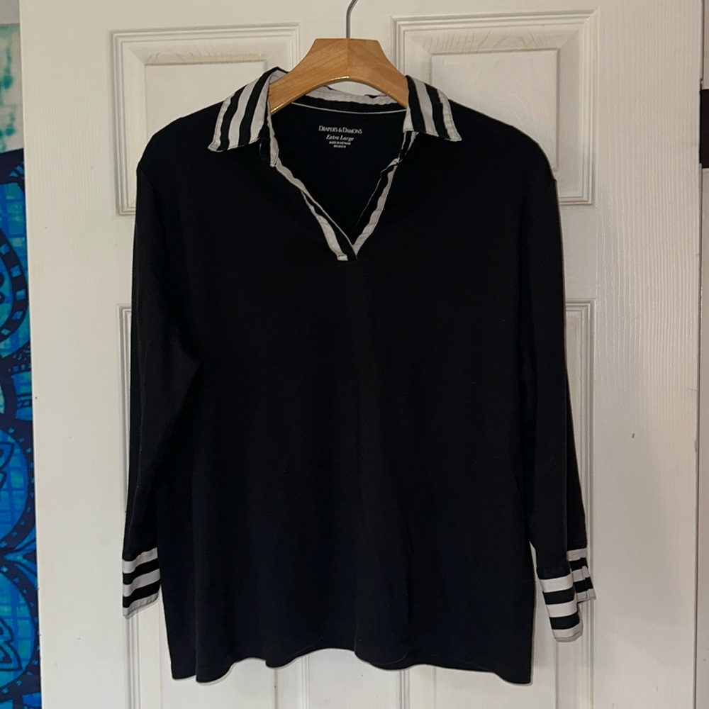 Comfortable Blouse XL Stretchy, soft material! Solid black with white trim